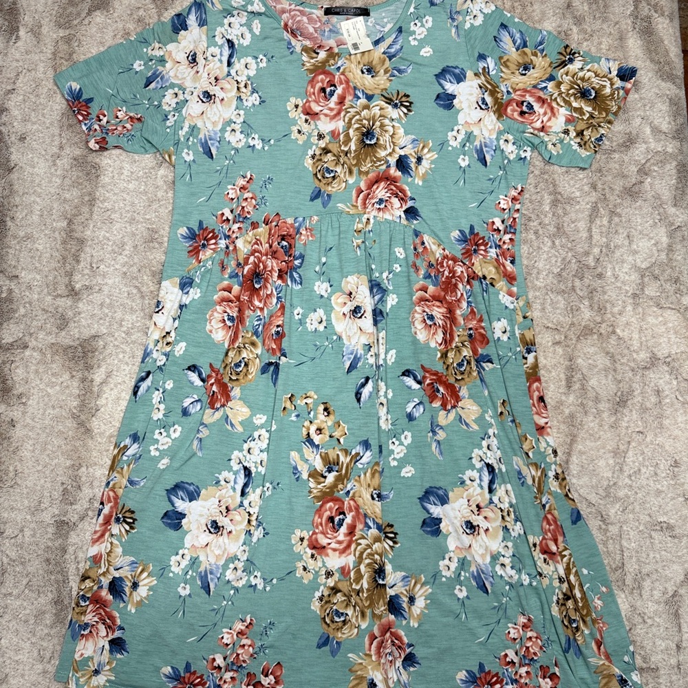 Chris & Carol Teal Floral Botique Babydoll Dress